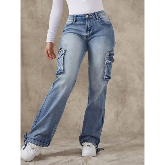 Women Cargo Jeans Drawstring Flap Pockets Low Waist Summer Casual - Picture 2 of 5